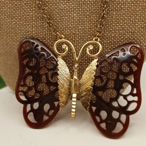 Anthro Butterfly Statement Necklace Faux Brown Tortoise Shell Antique Gold NWT